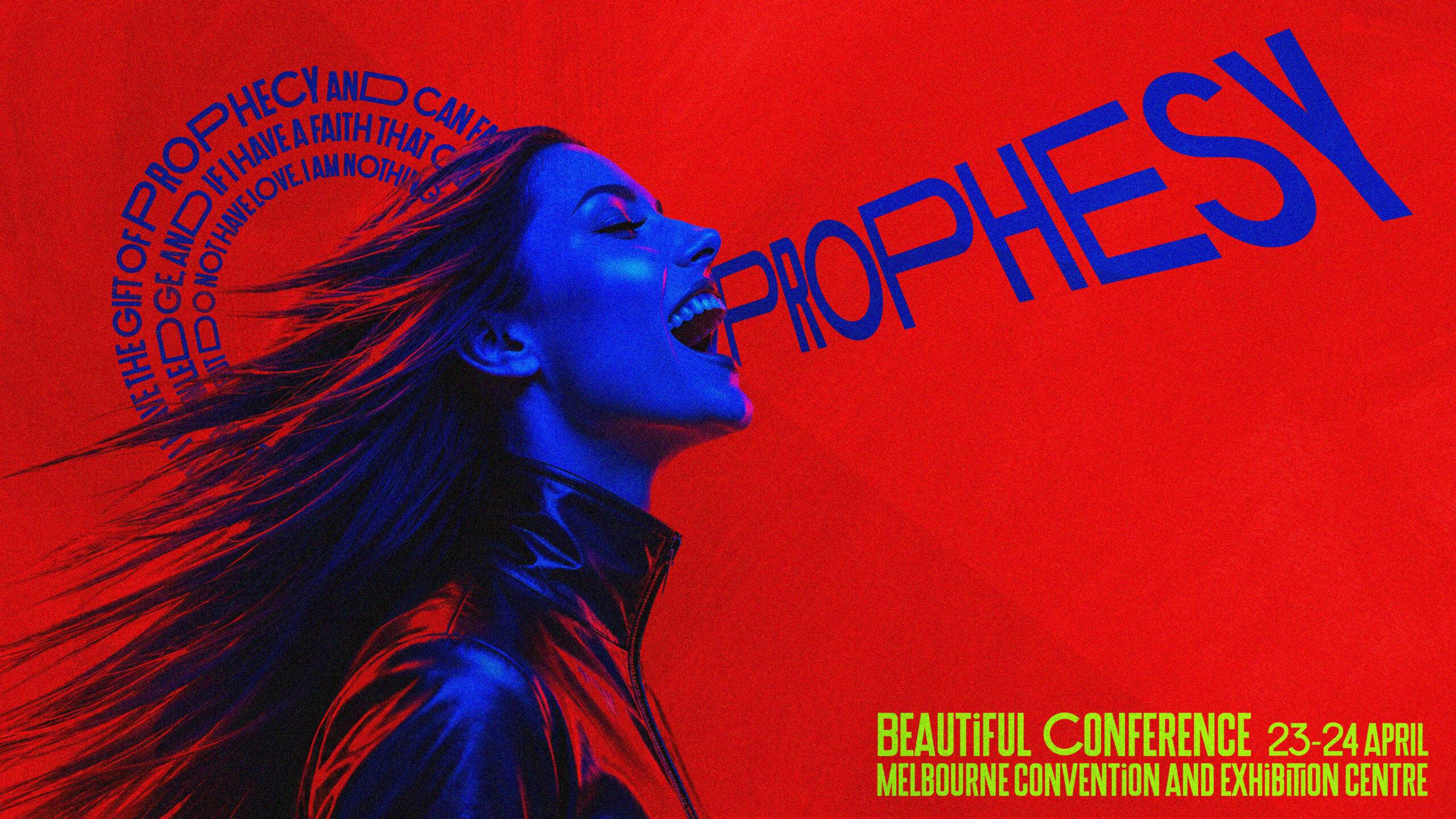 Blue-toned woman screaming in profile on a red poster, with arced blue text around her and lime-green event details at the bottom.