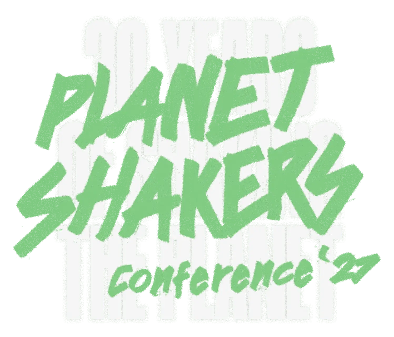 Green handwritten wordmark over a pale repeated '20 YEARS' background; reads 'PLANTED SHAKERS' (style-focused banner).