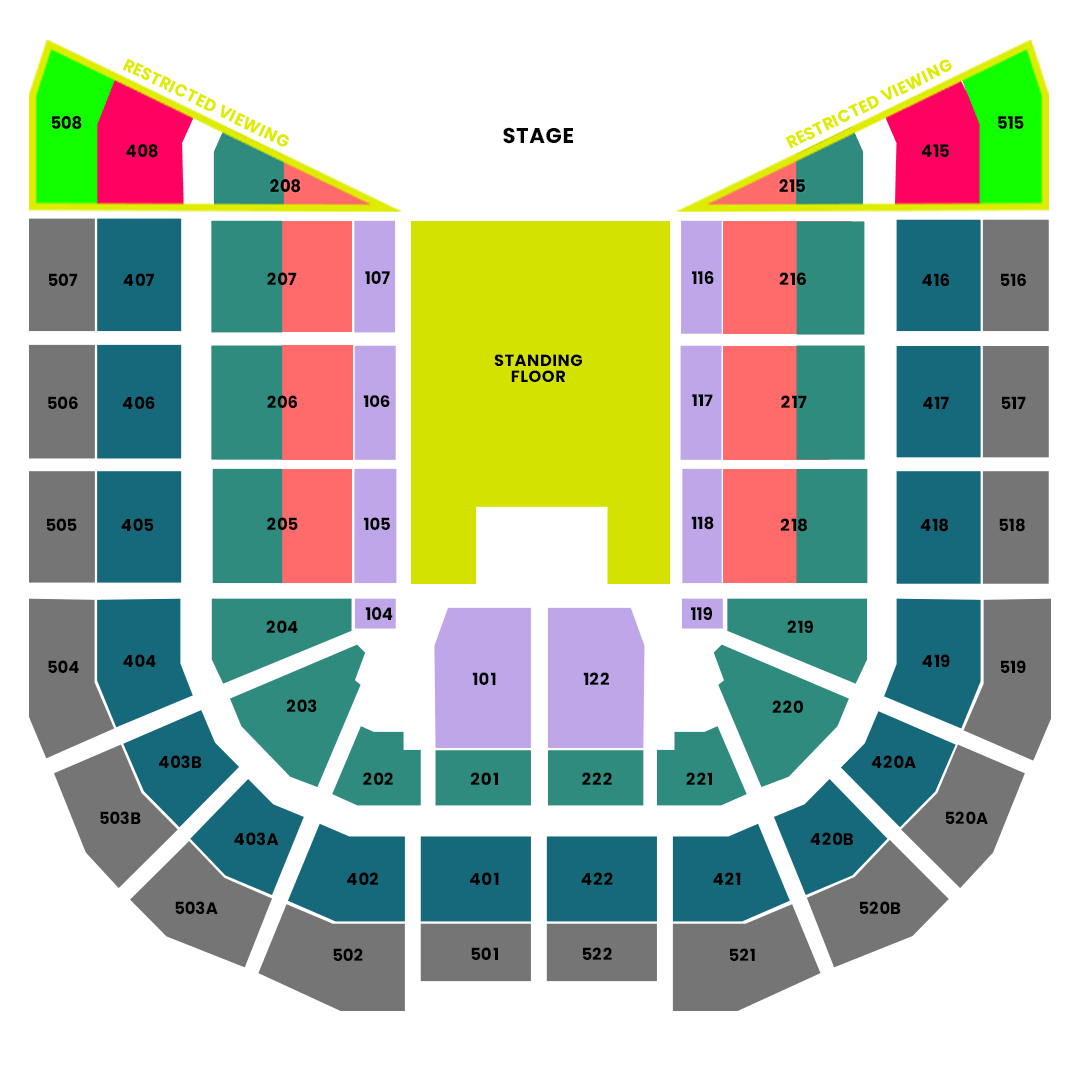 Concert venue seating chart: stage at top center, standing floor in the middle, and numbered seating blocks surrounding it; restricted-view wedges shown in yellow near the stage; sections labeled 101–522 in various colors.